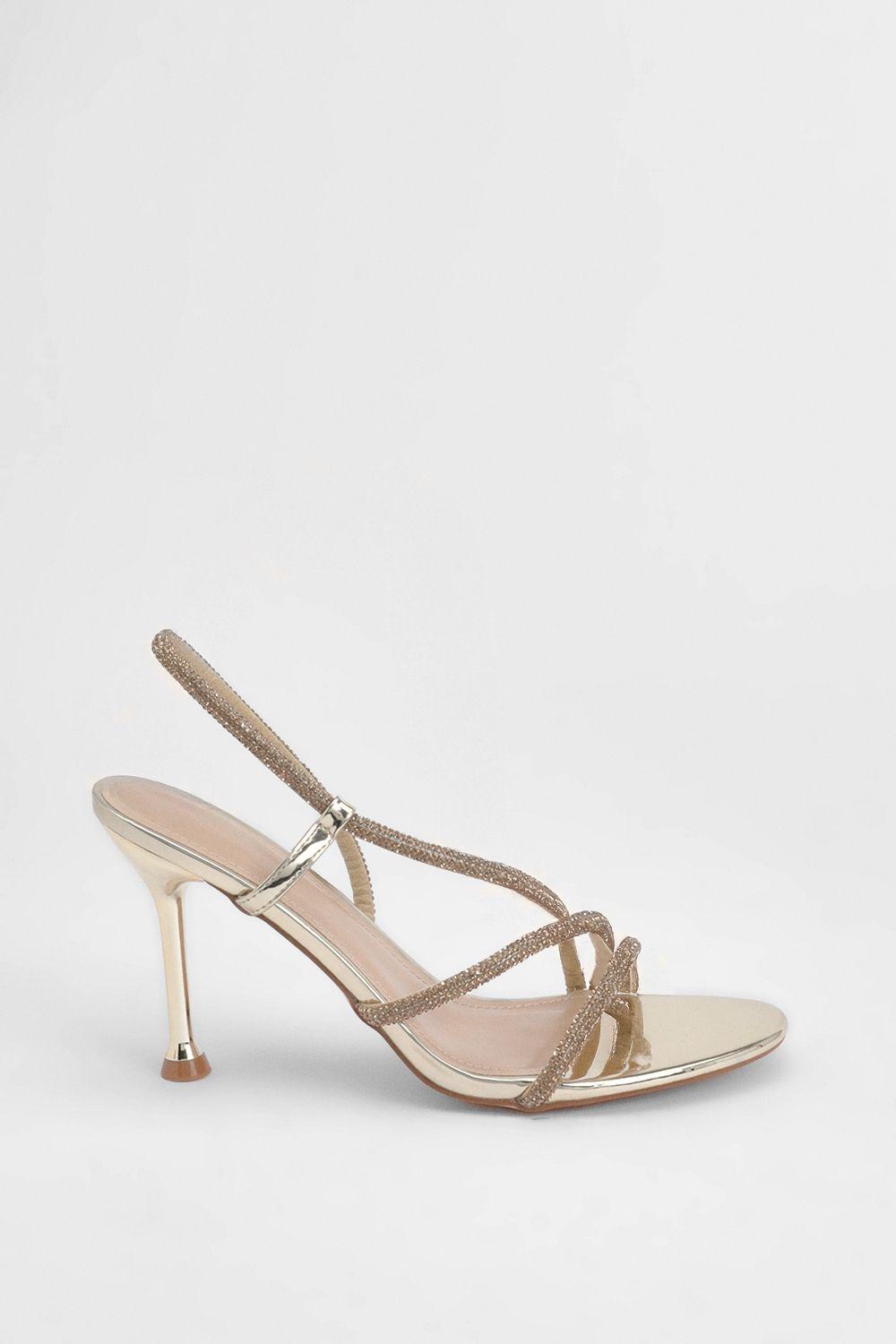 Gold Faux Metallic Leather Embellished Heeled Sandals by MISSPAP