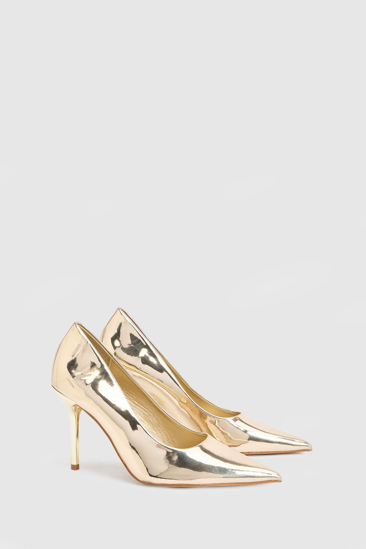Gold Faux Metallic Leather High Stiletto Heeled Court Shoes by MISSPAP