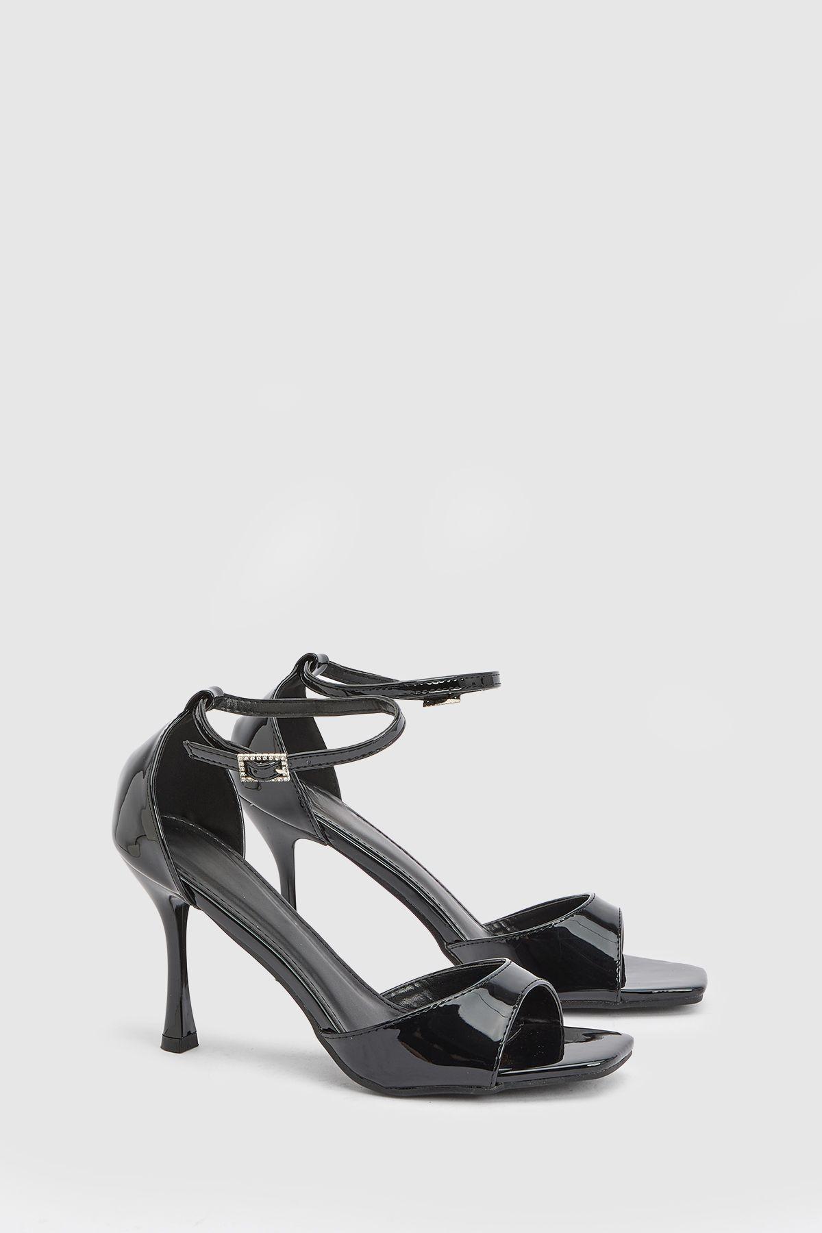Mila Black Faux Patent Leather Ankle Strap Stiletto Heeled Sandals by MISSPAP