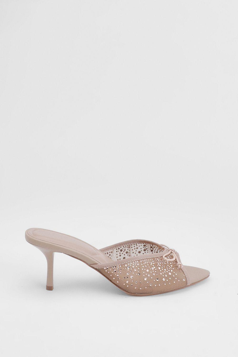 Nude Faux Leather Embellished Mesh Medium Heeled Mules by MISSPAP