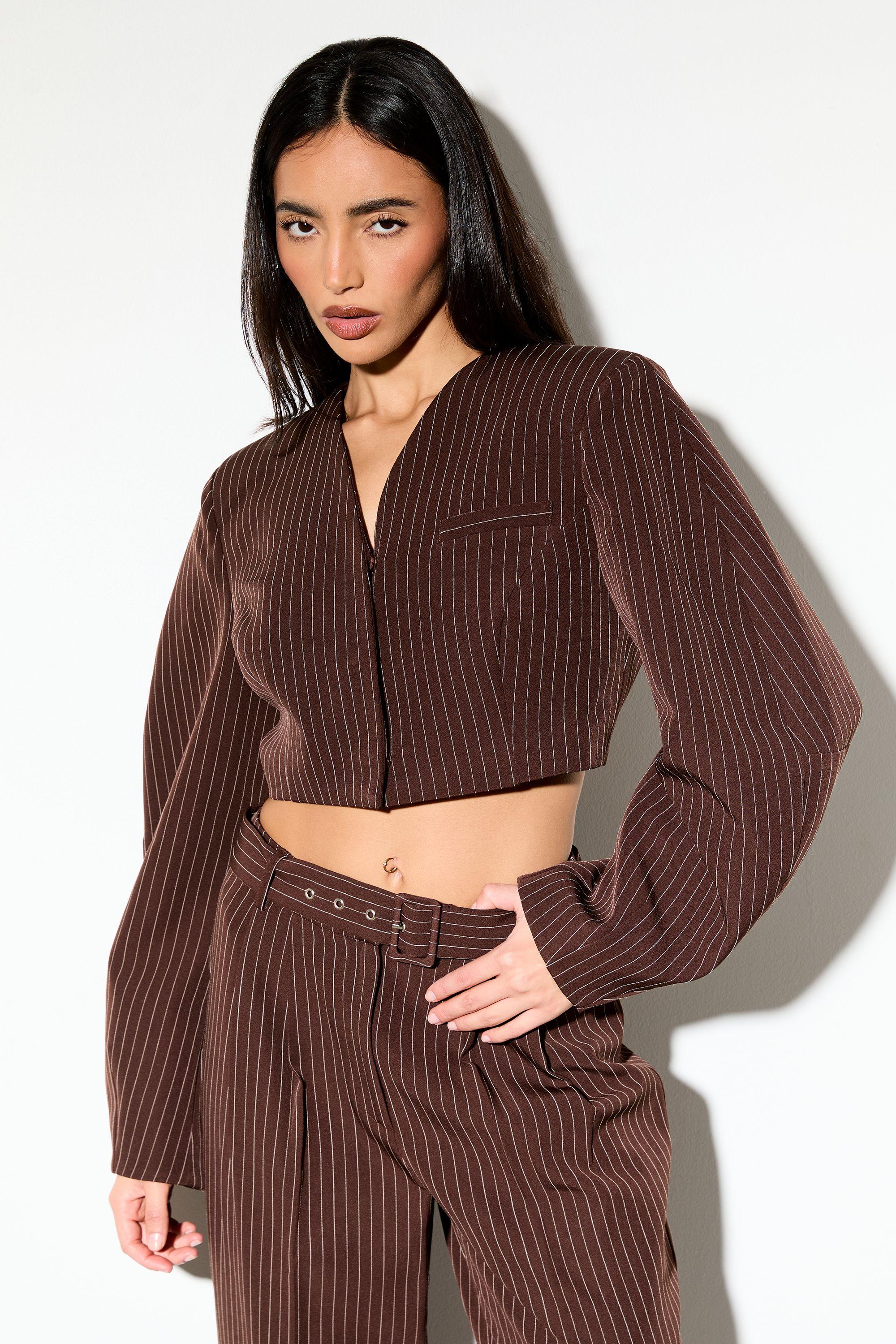 Pinstripe Ovoid Sleeve Cropped Blazer by MISSPAP