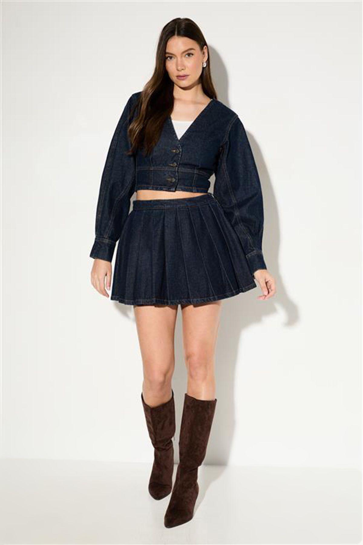 Pleated Detail Denim Wrap Skirt by MISSPAP
