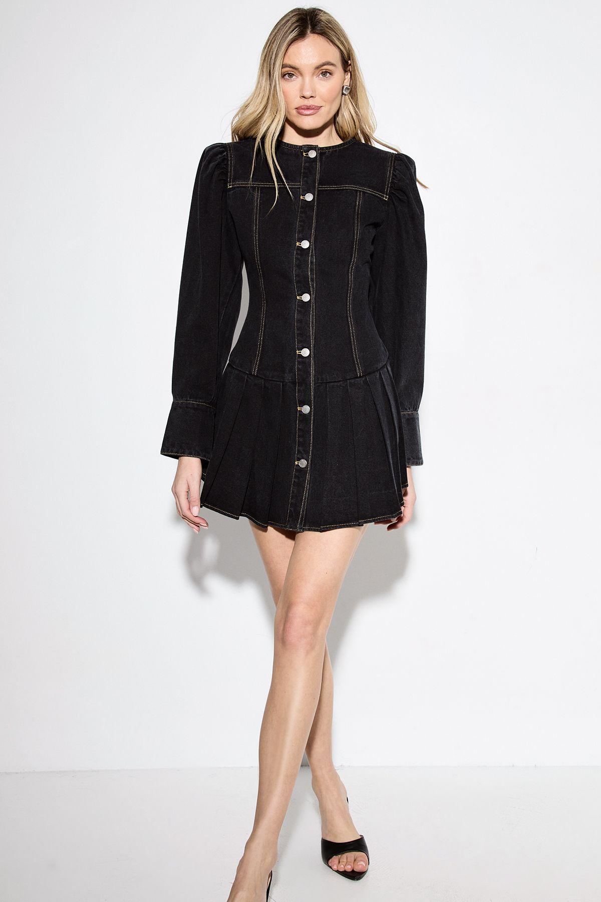 Premium Denim Pleat Hem Balloon Sleeve Dress by MISSPAP