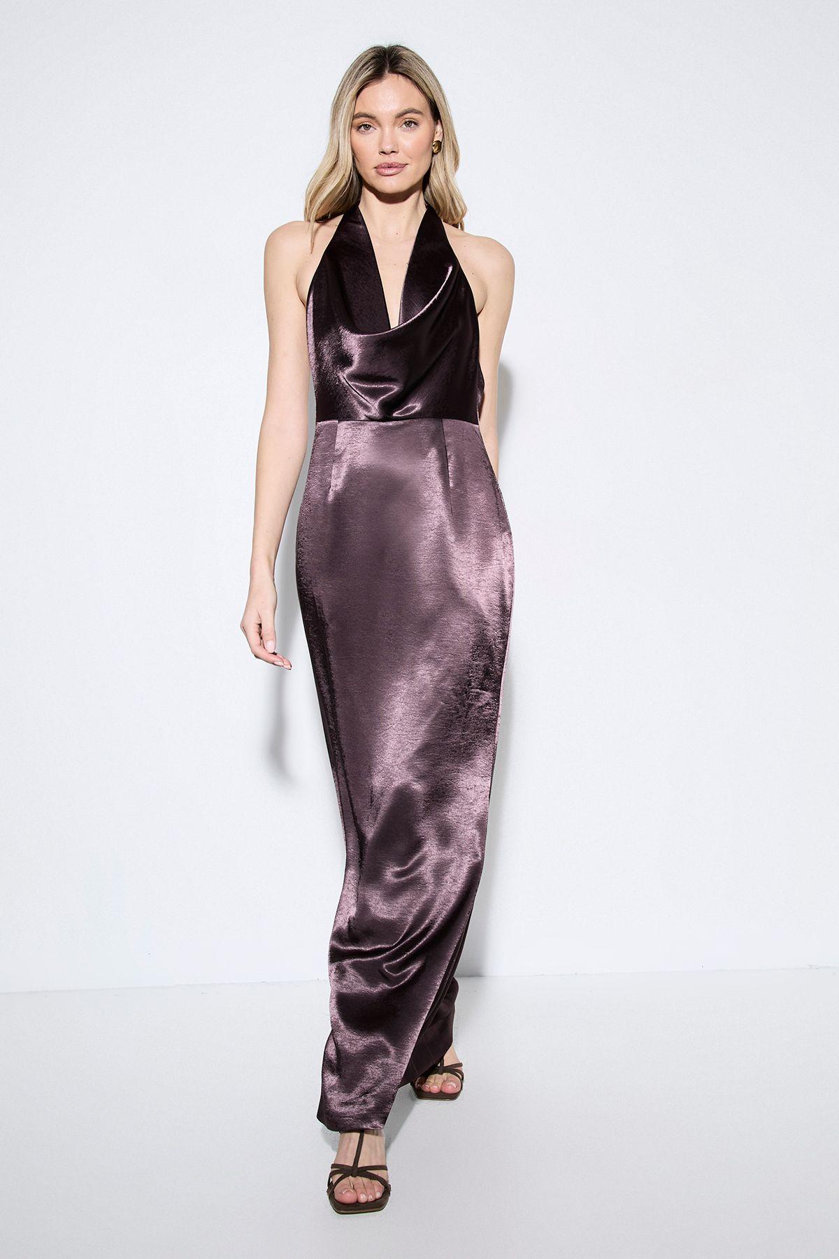 Premium Plunge Cowl Open Back Satin Maxi Bridesmaid Dress by MISSPAP