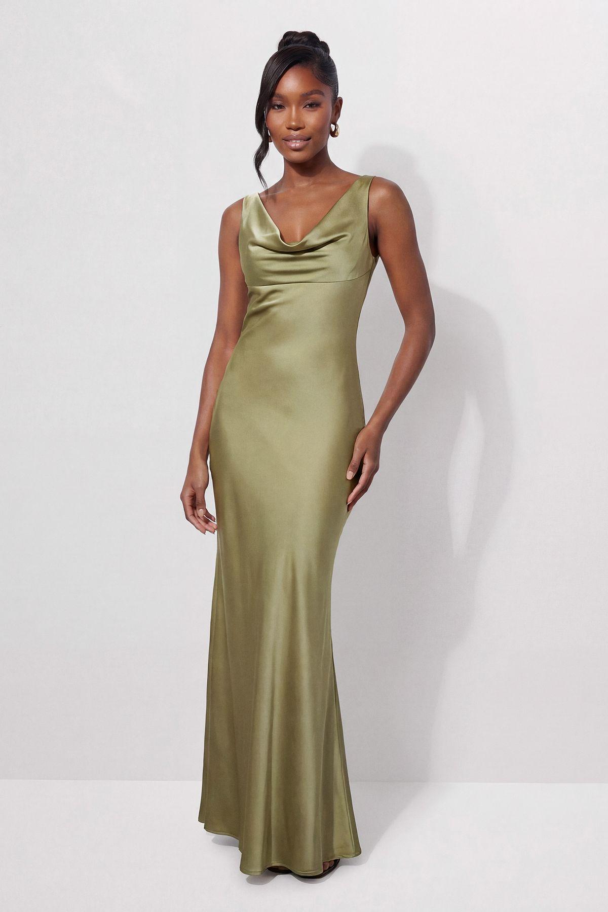 Premium Satin Cowl Neck Fishtail Maxi Bridesmaid Dress by MISSPAP