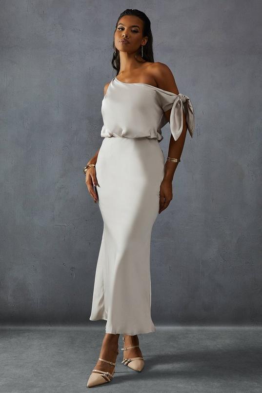 Premium Satin Off Shoulder Fishtail Bridesmaid Dress by MISSPAP