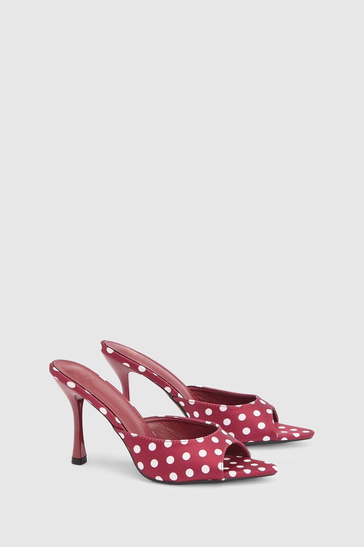 Red Polka Dot Faux Leather High Stiletto Heeled Mules by MISSPAP