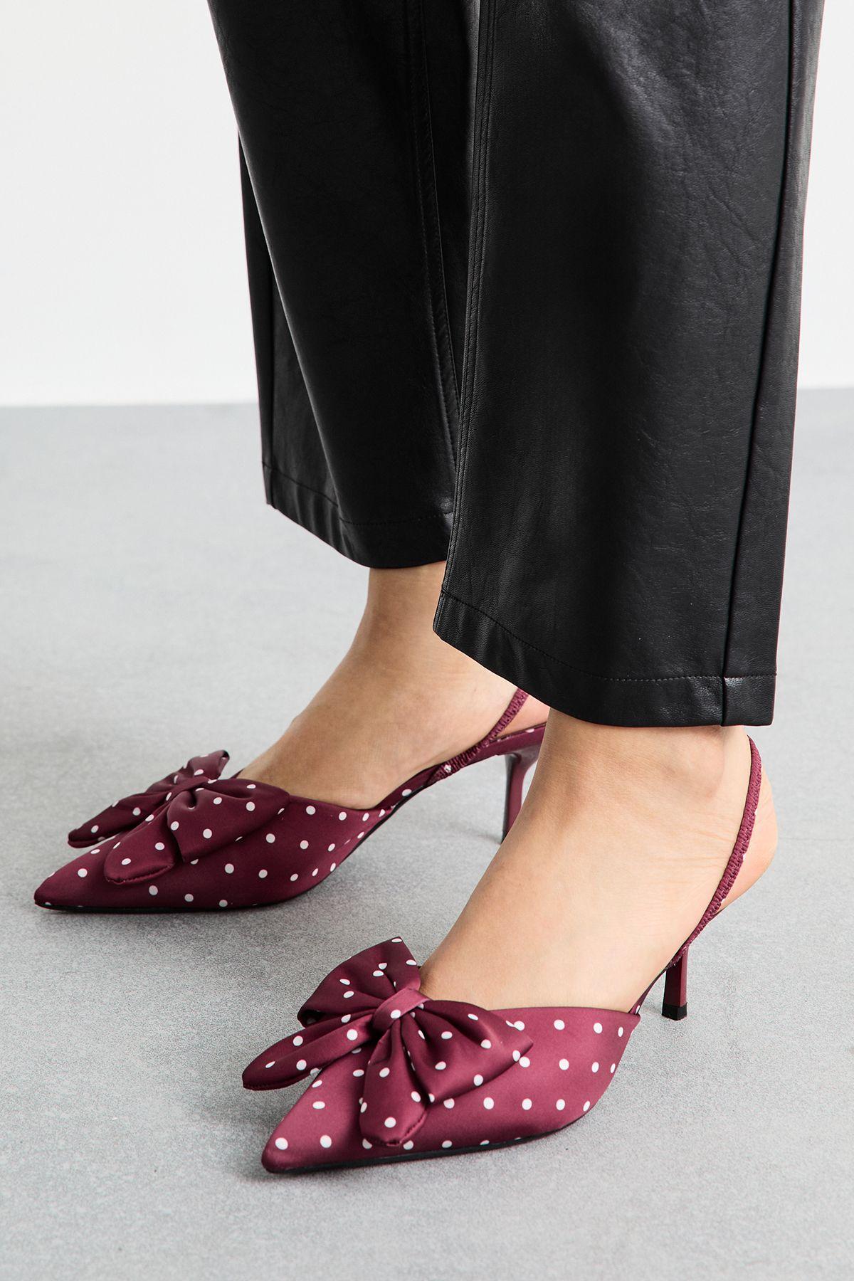 Red Satin Polka Dot Bow Detail Slingback Stiletto Heel Court Shoes by MISSPAP