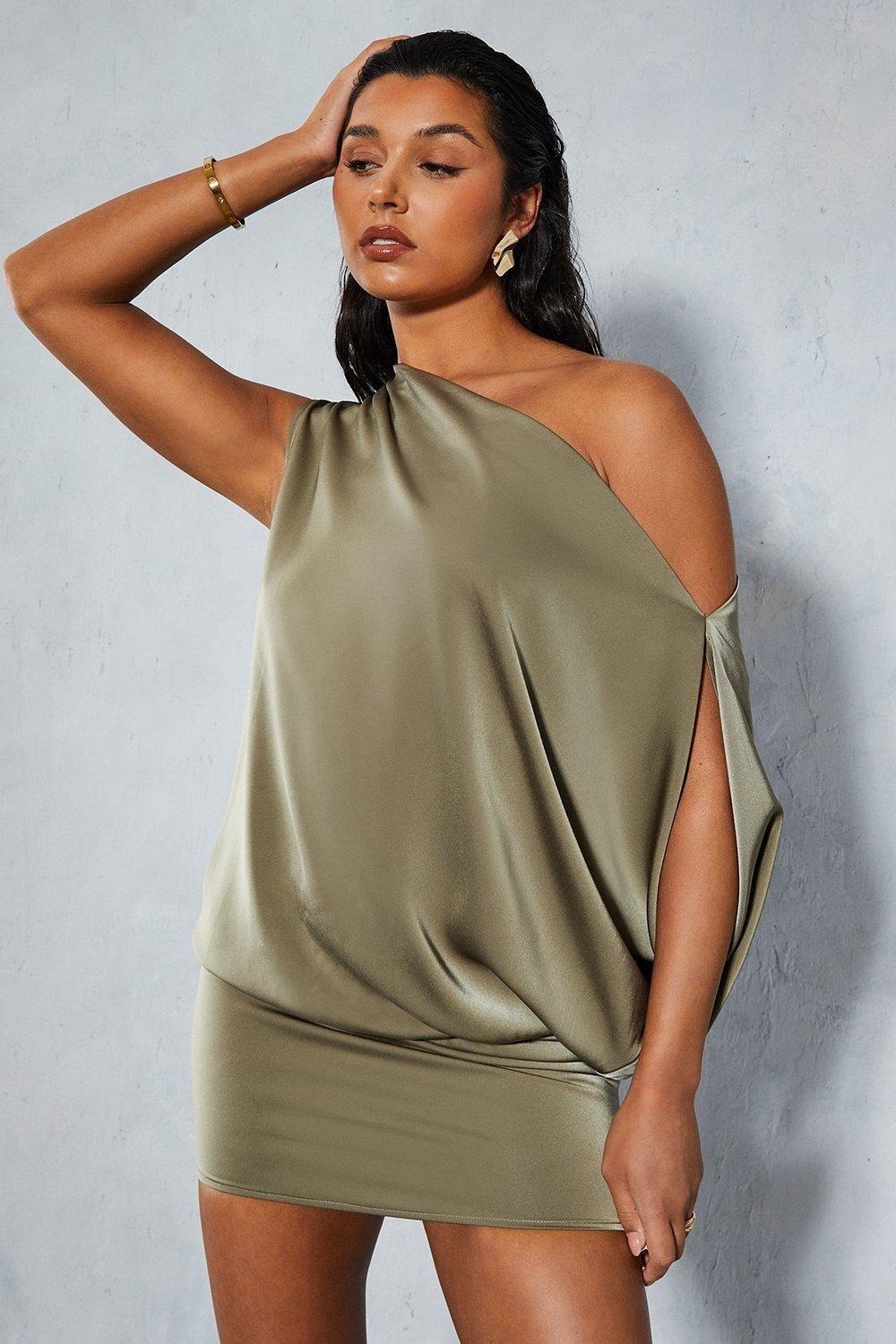 Satin Off Shoulder Asymmetric Bodycon Mini Dress by MISSPAP