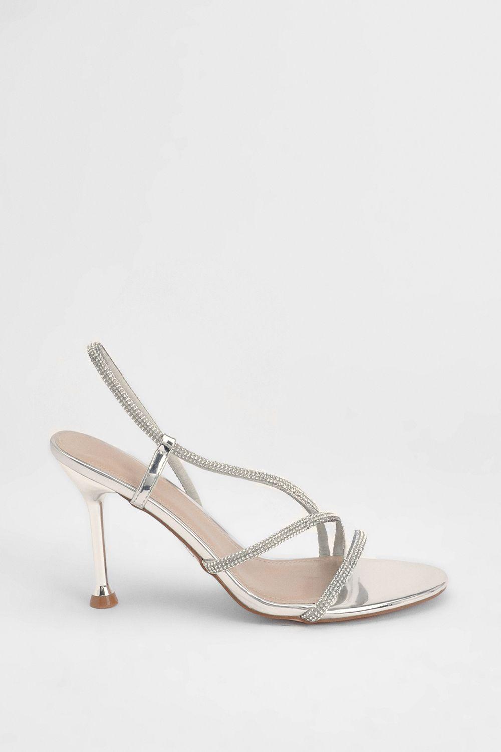 Silver Faux Metallic Leather Embellished Heeled Sandals by MISSPAP