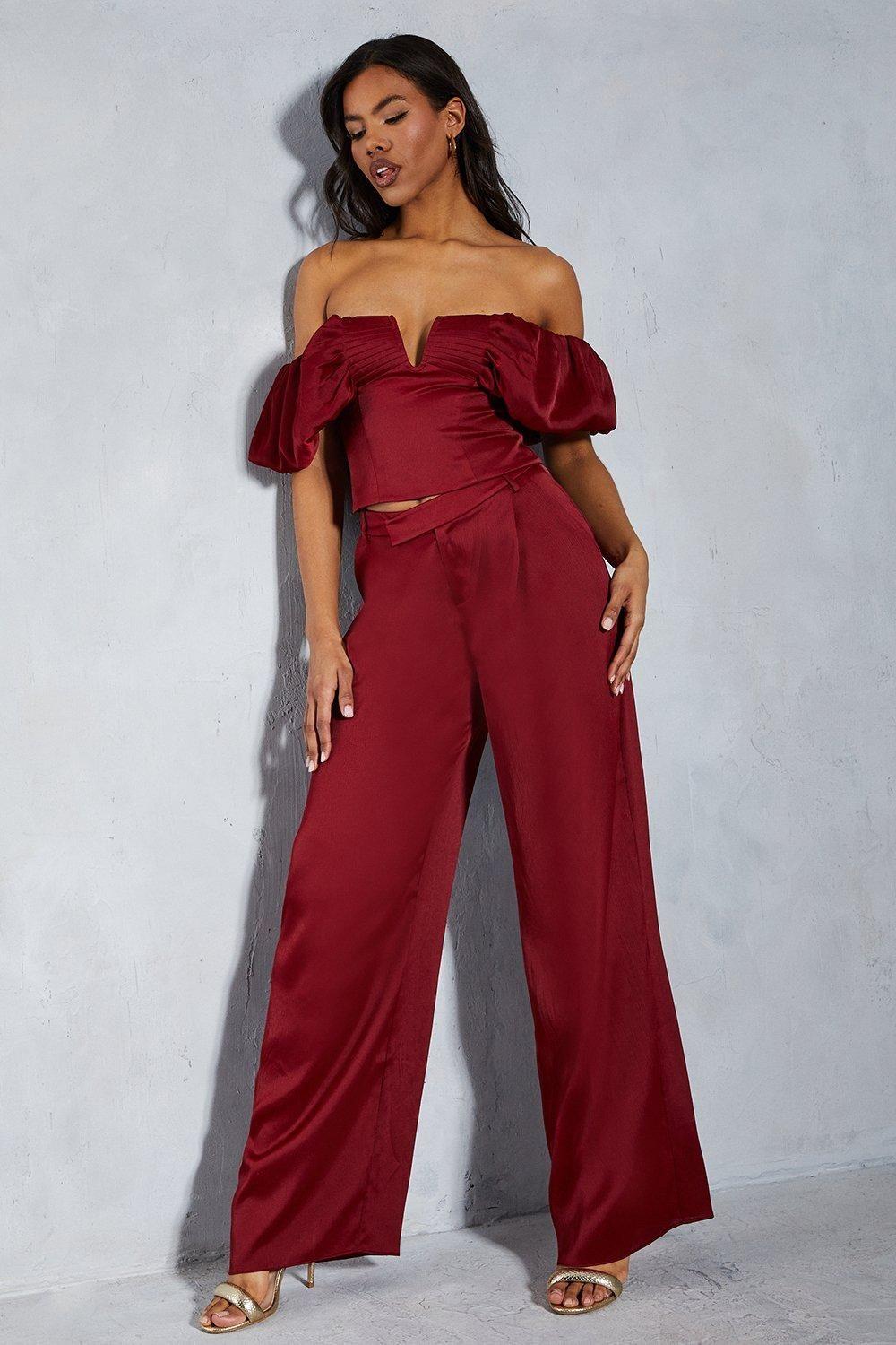 Textured Satin Dipped Waist Straight Leg Trouser by MISSPAP