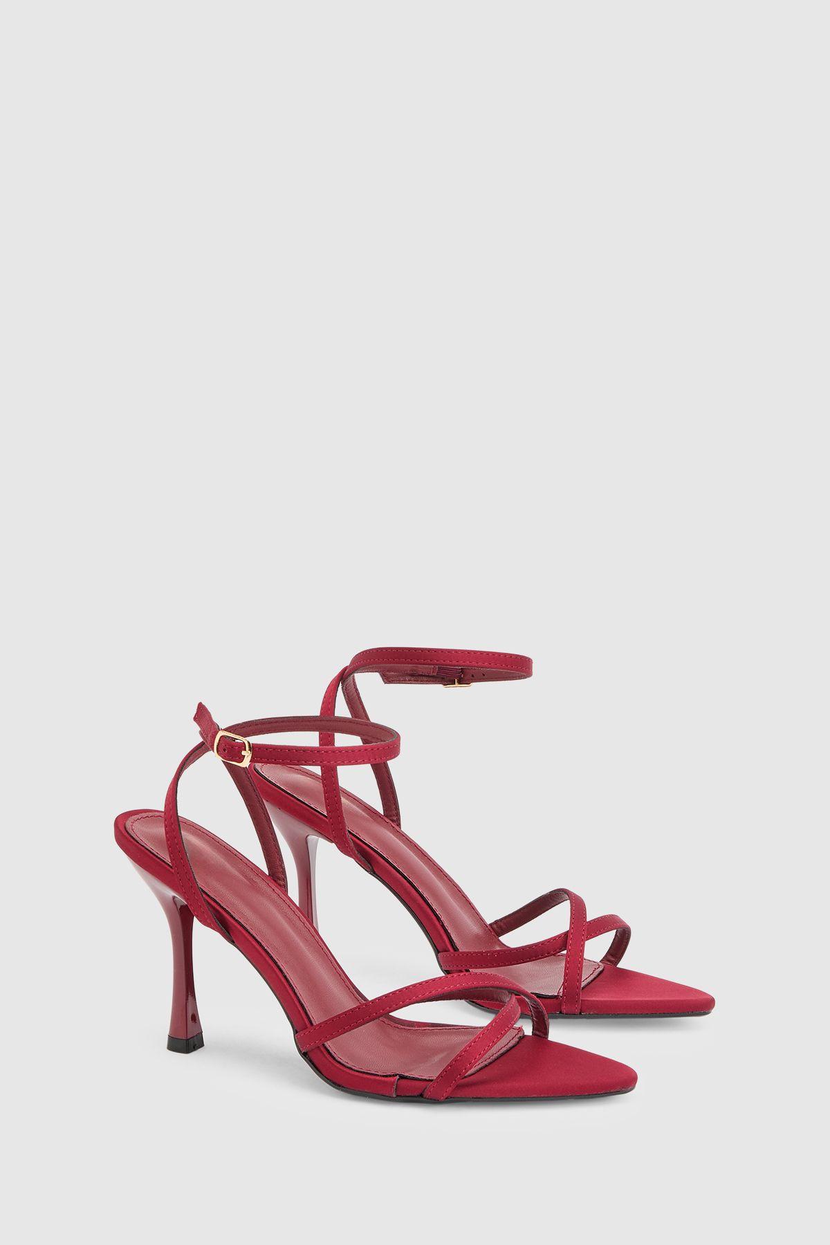 Wine Satin Cross Strap High Stiletto Heeled Sandals by MISSPAP