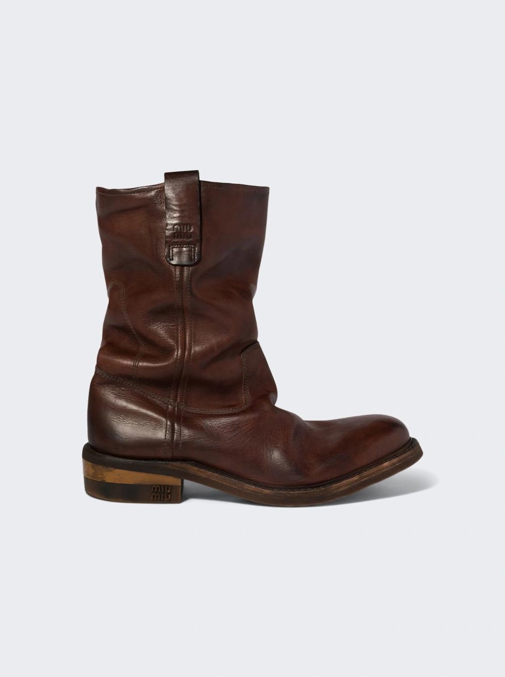 Foule Leather Booties Coffee Brown  | The Webster by MIU MIU