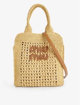 Rete branded raffia top handle bag by MIU MIU