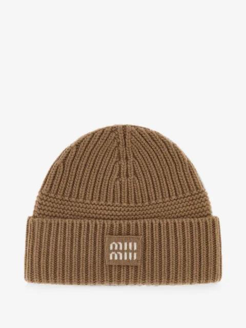camel wool blend beanie hat by MIU MIU