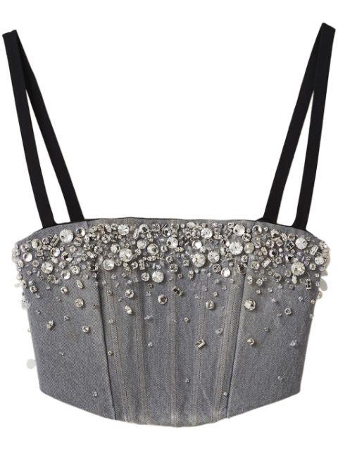 crystal-embellished denim cropped top by MIU MIU