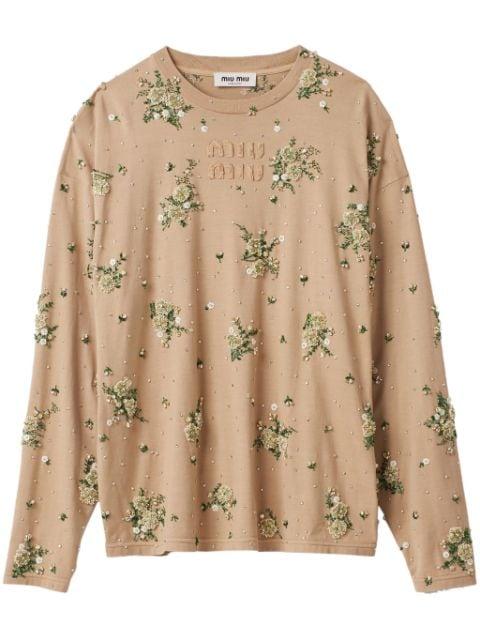 floral-appliqué cotton T-shirt by MIU MIU