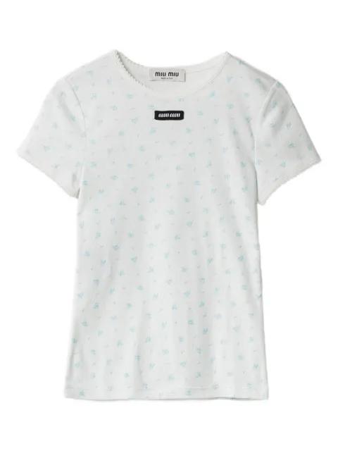 floral-pattern logo-patch T-shirt by MIU MIU