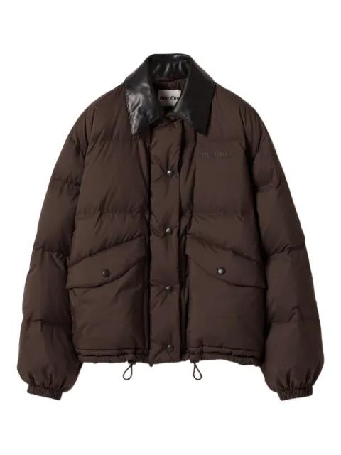 leather-collar puffer jacket by MIU MIU