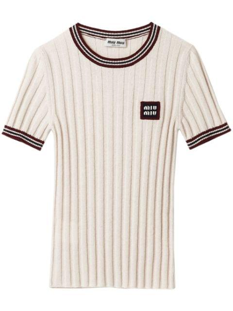 logo-appliqué cashmere top by MIU MIU