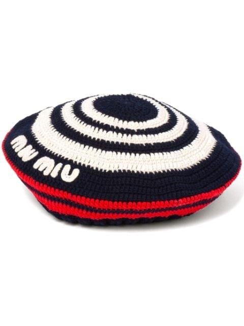 logo-appliqué crochet beret by MIU MIU