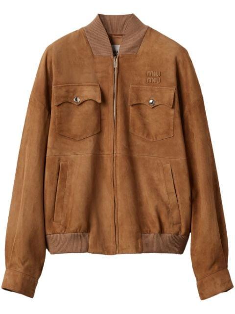 logo-lettering suede jacket by MIU MIU