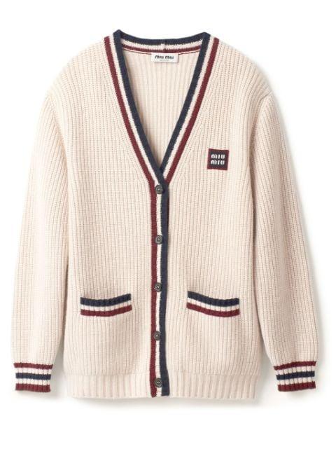 stripe-detail V-neck cardigan by MIU MIU