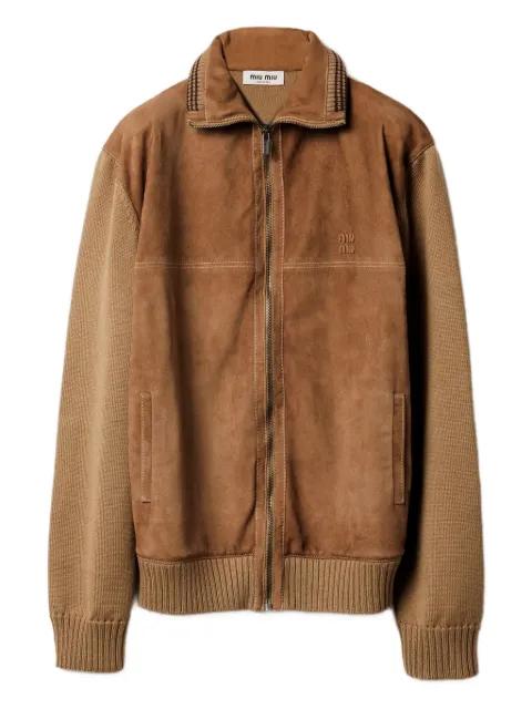 suede-insert ribbed cardigan by MIU MIU