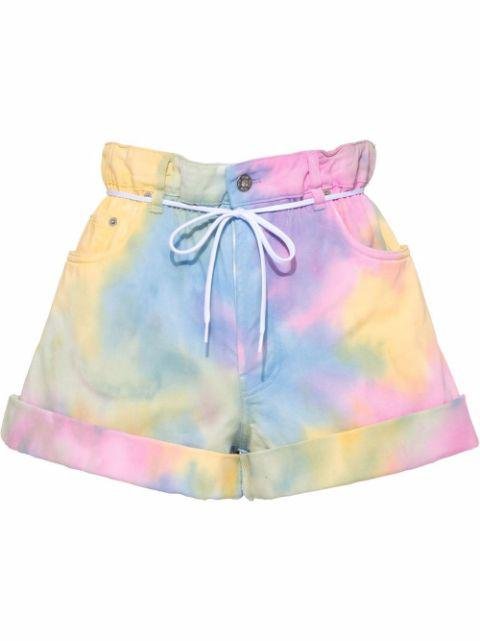 tie-dye paperbag-waist denim shorts by MIU MIU