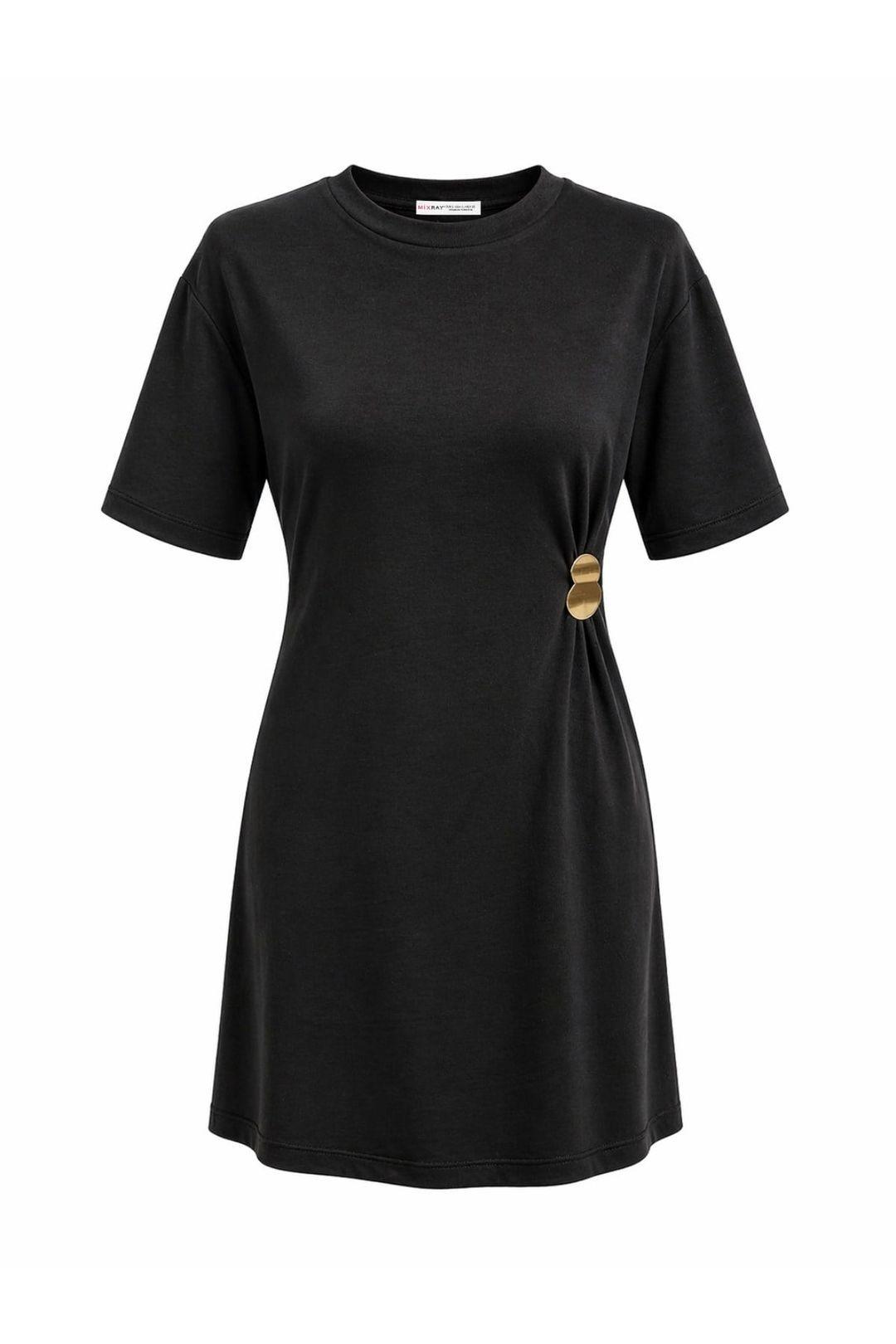Crew Neck Mini T-Shirt Dress with Stone Accessory by MIXRAY