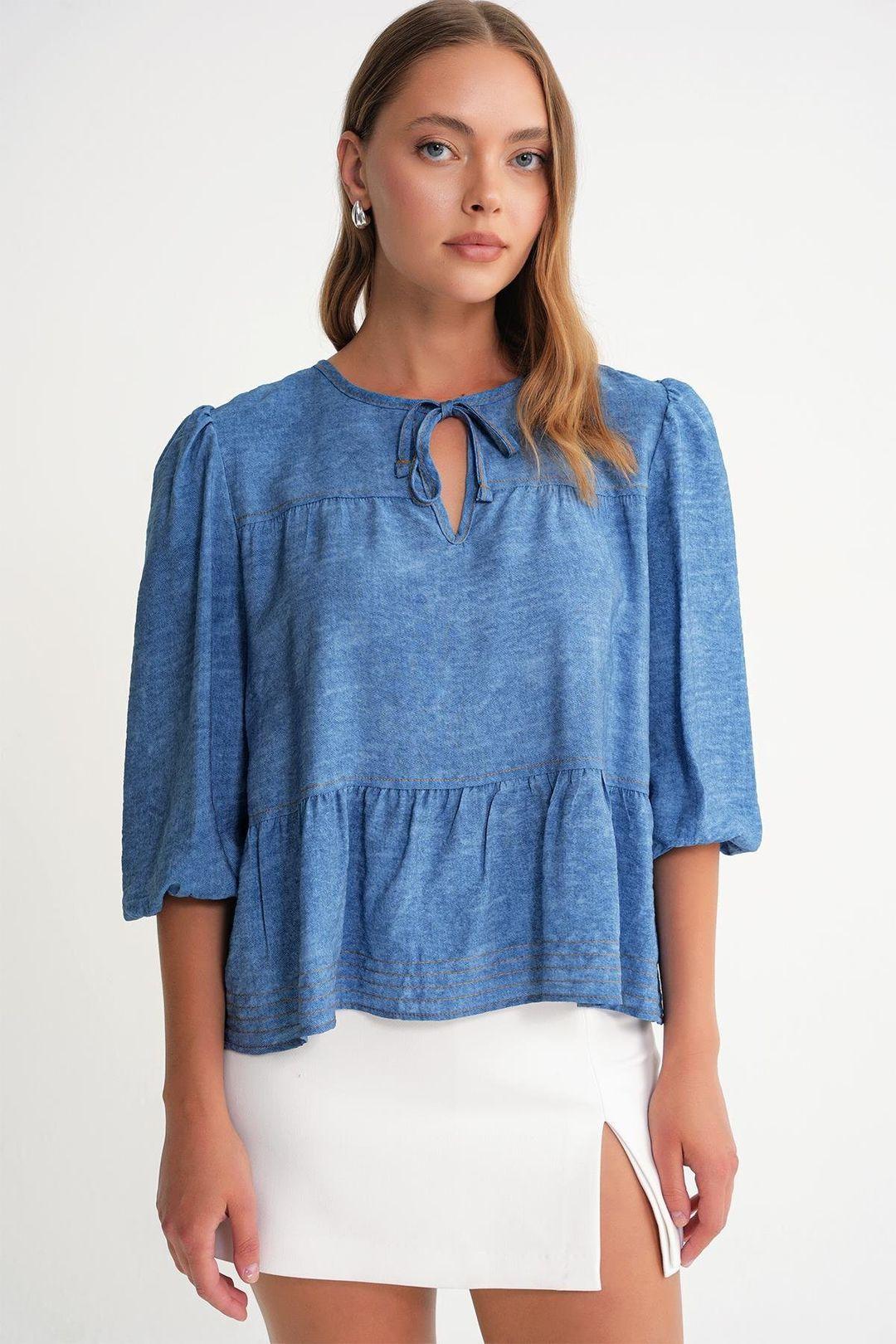 Denim Looking Ruffled Balloon Sleeve Blouse by MIXRAY