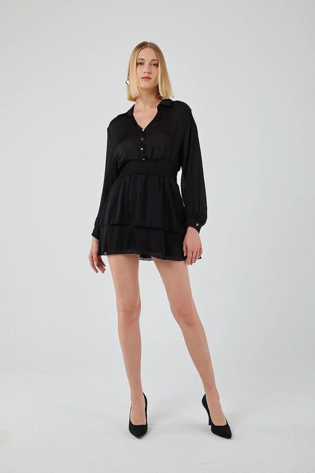 Mini V-Neck Buttoned Ruffle Dress by MIXRAY