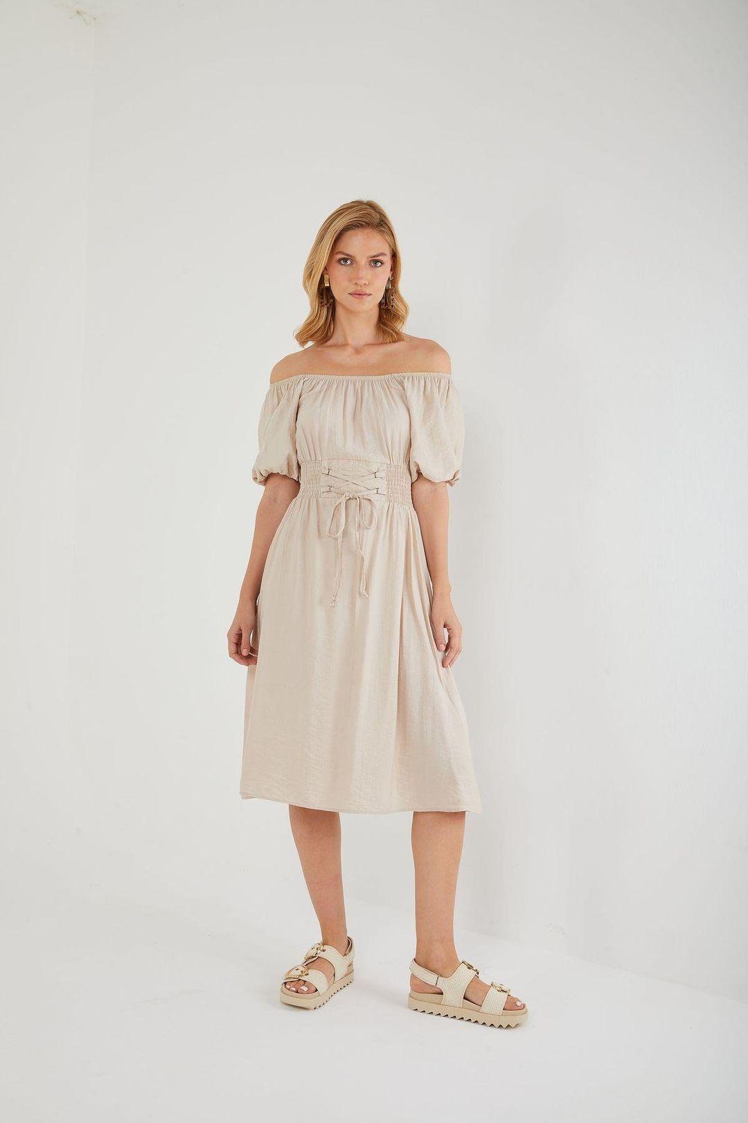 Off-Shoulder Puff Sleeve Midi Dress with Lace-Up Waist by MIXRAY