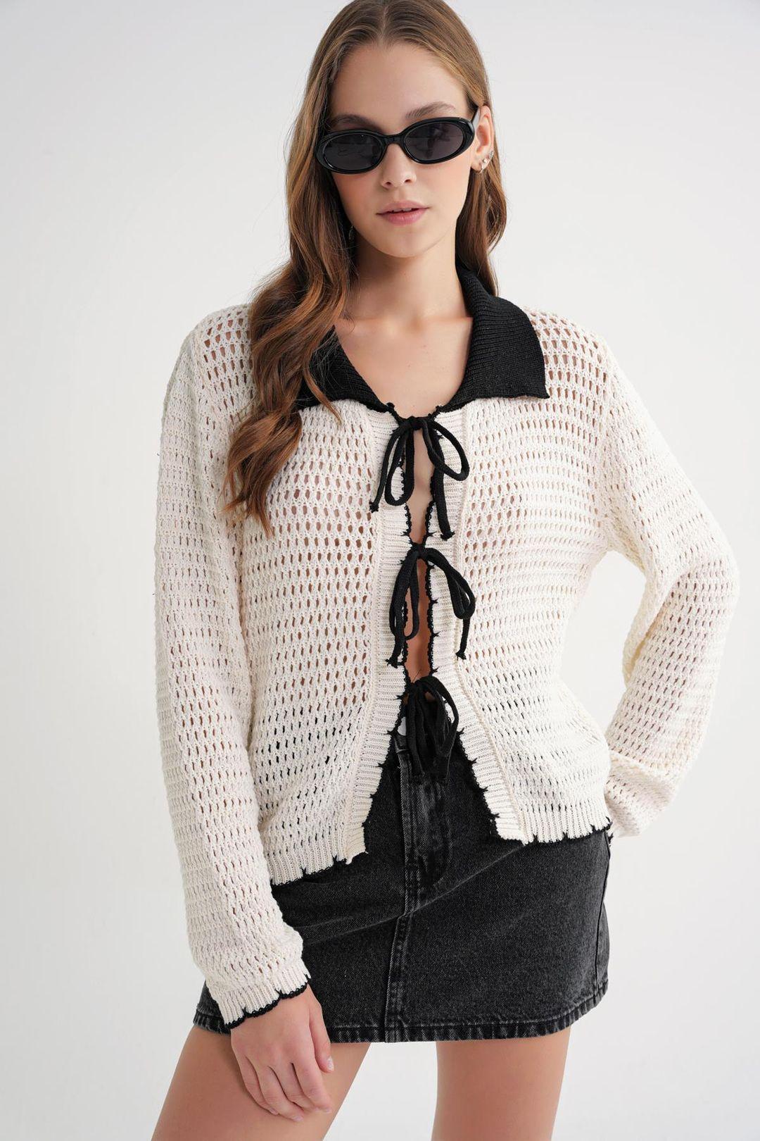 Open Knit Cardigan with Contrast Collar and Tie Front by MIXRAY