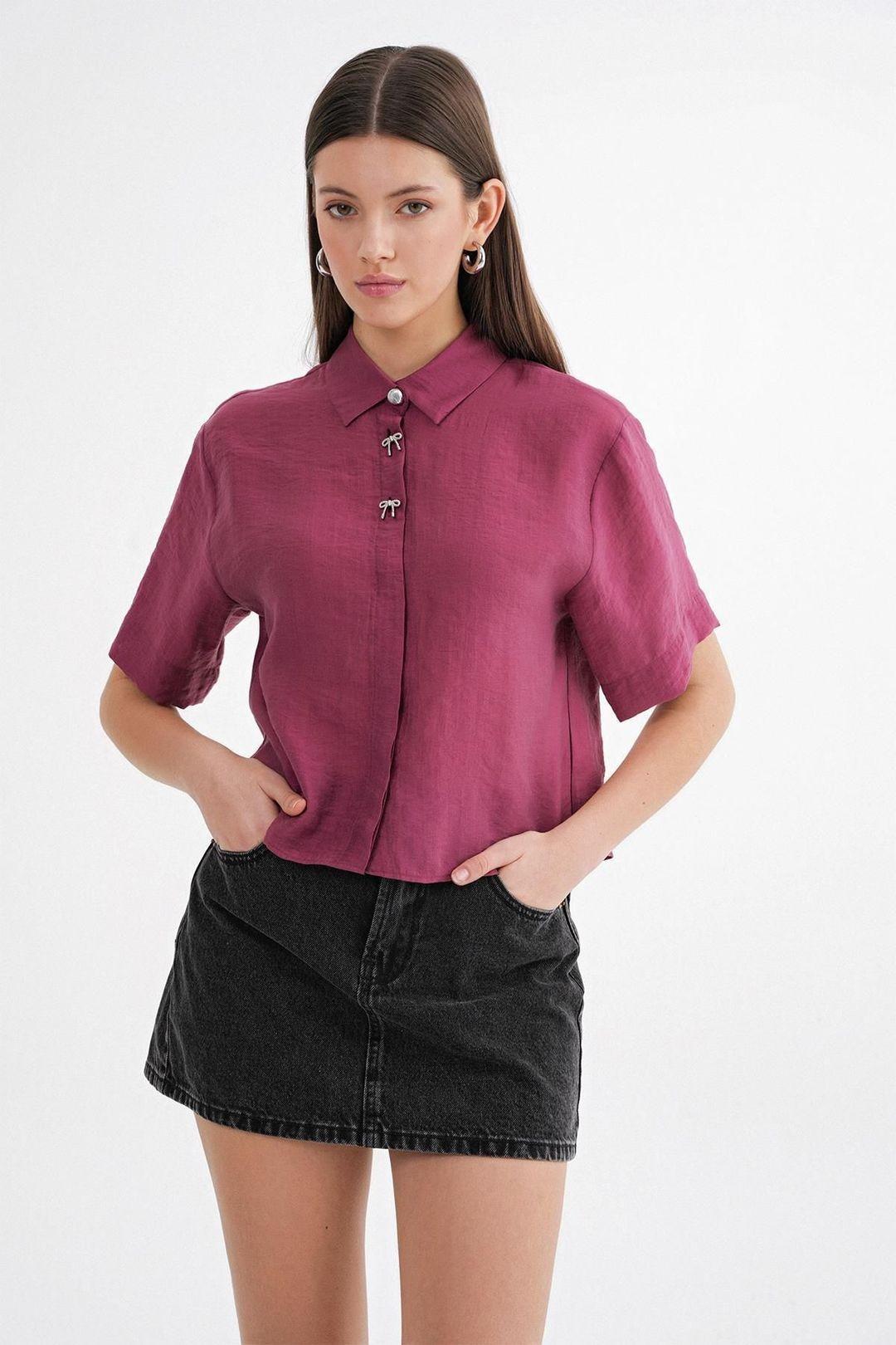 Short Sleeve Crop Shirt with Stone Accessories by MIXRAY