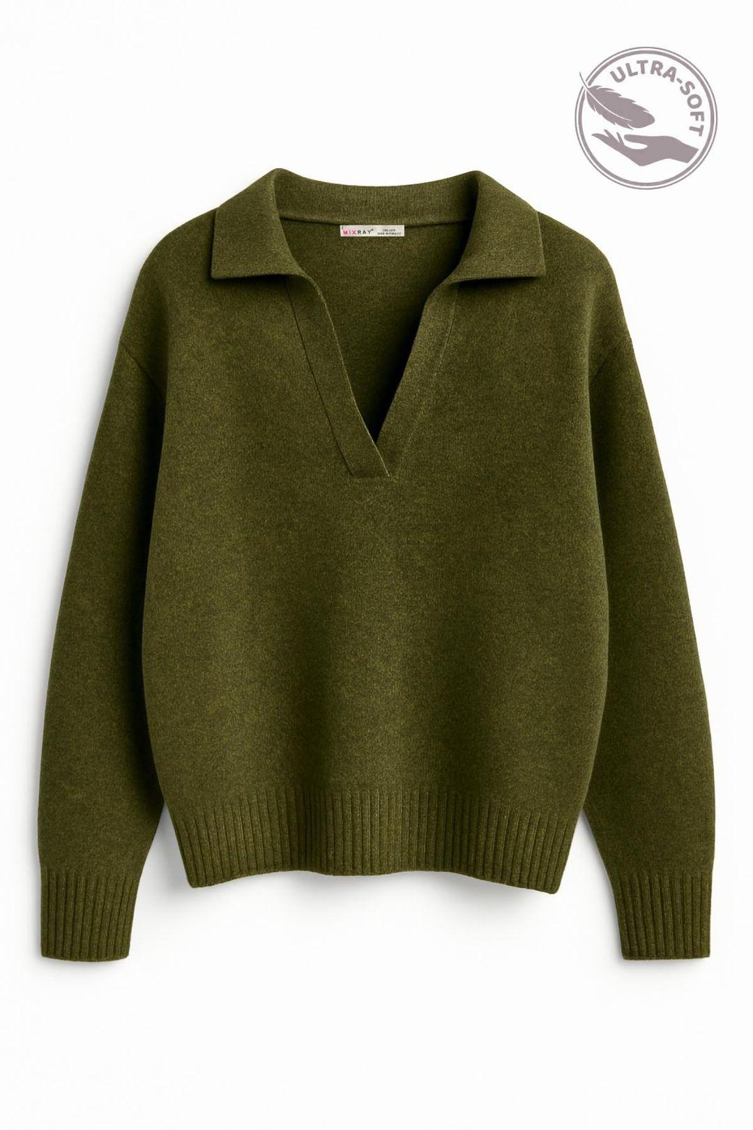 Thick Knit Relaxed Fit Sweater with Shirt Collar by MIXRAY