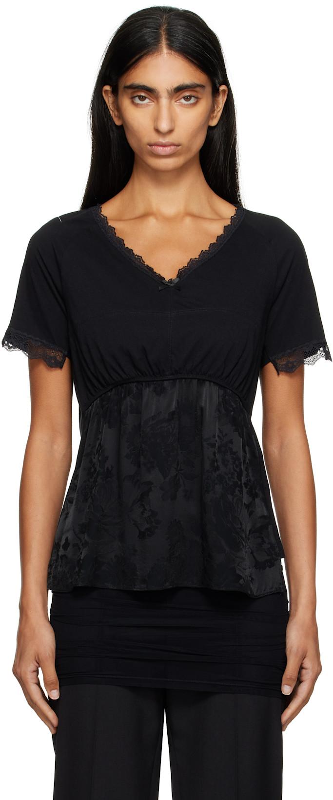 Black Cotton Jersey & Lace T-shirt by MM6 MAISON MARGIELA
