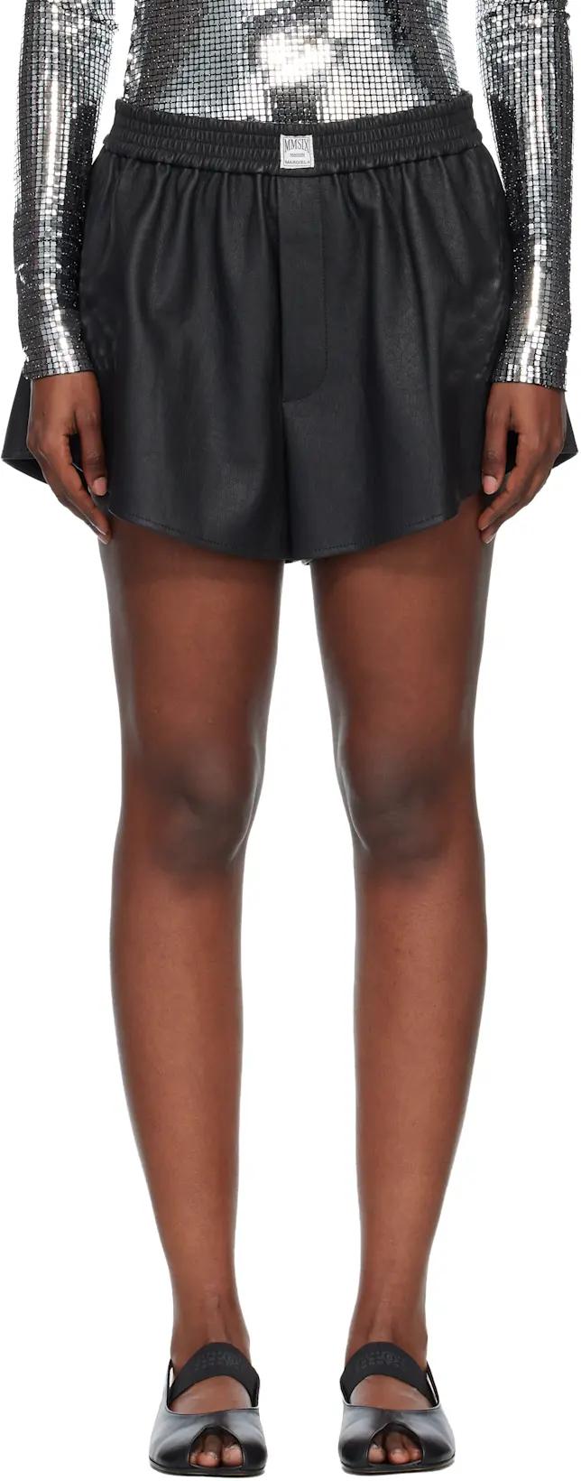 Black Logo Patch Faux-Leather Shorts by MM6 MAISON MARGIELA