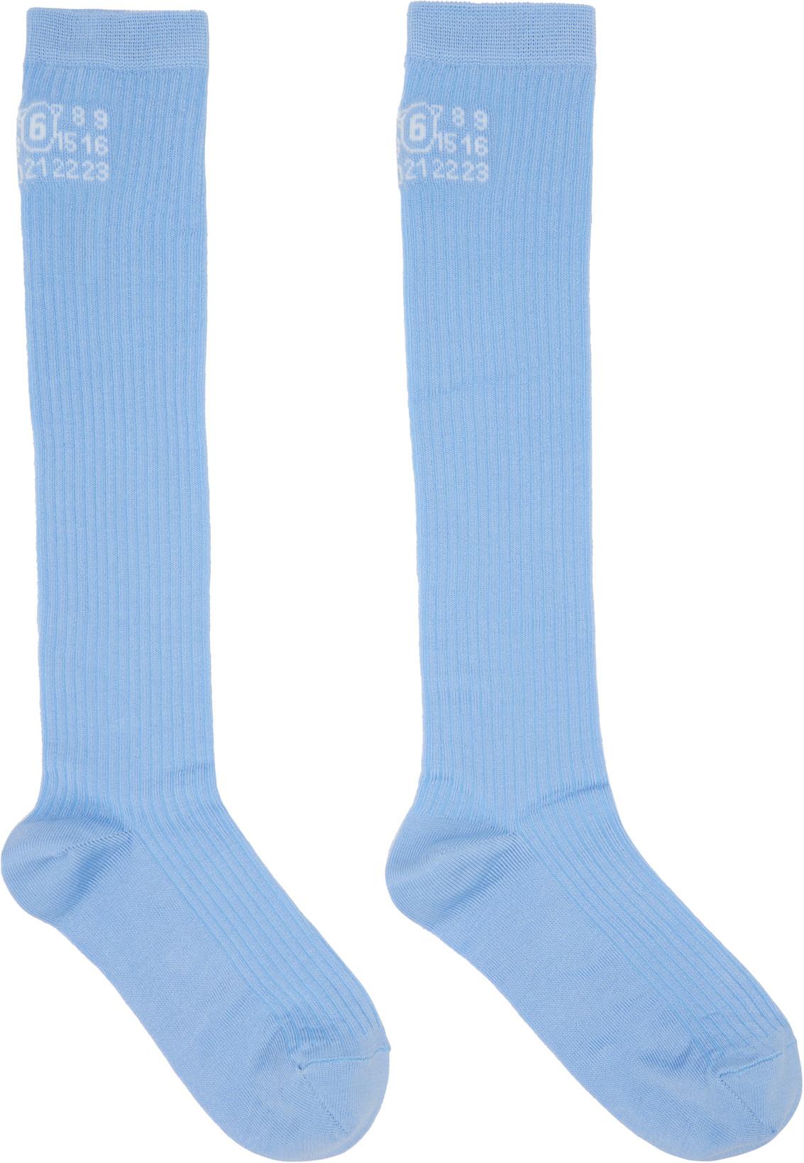 Blue Rib Knee-High Socks by MM6 MAISON MARGIELA