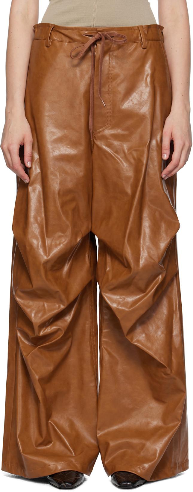 Brown Draped Faux-Leather Trousers by MM6 MAISON MARGIELA