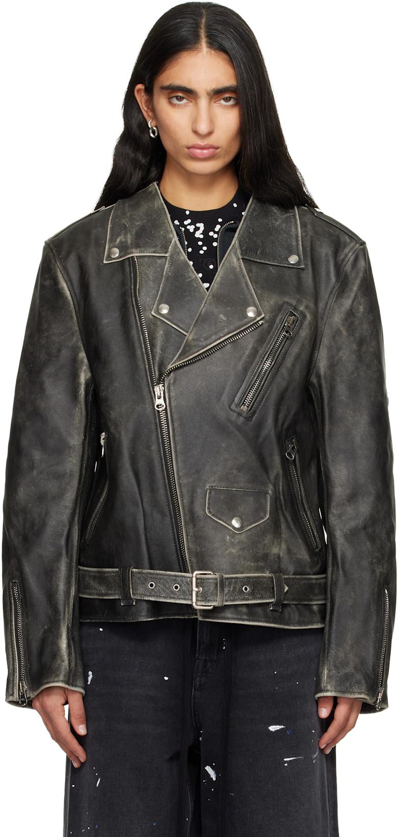 Brown Faded Leather Jacket by MM6 MAISON MARGIELA