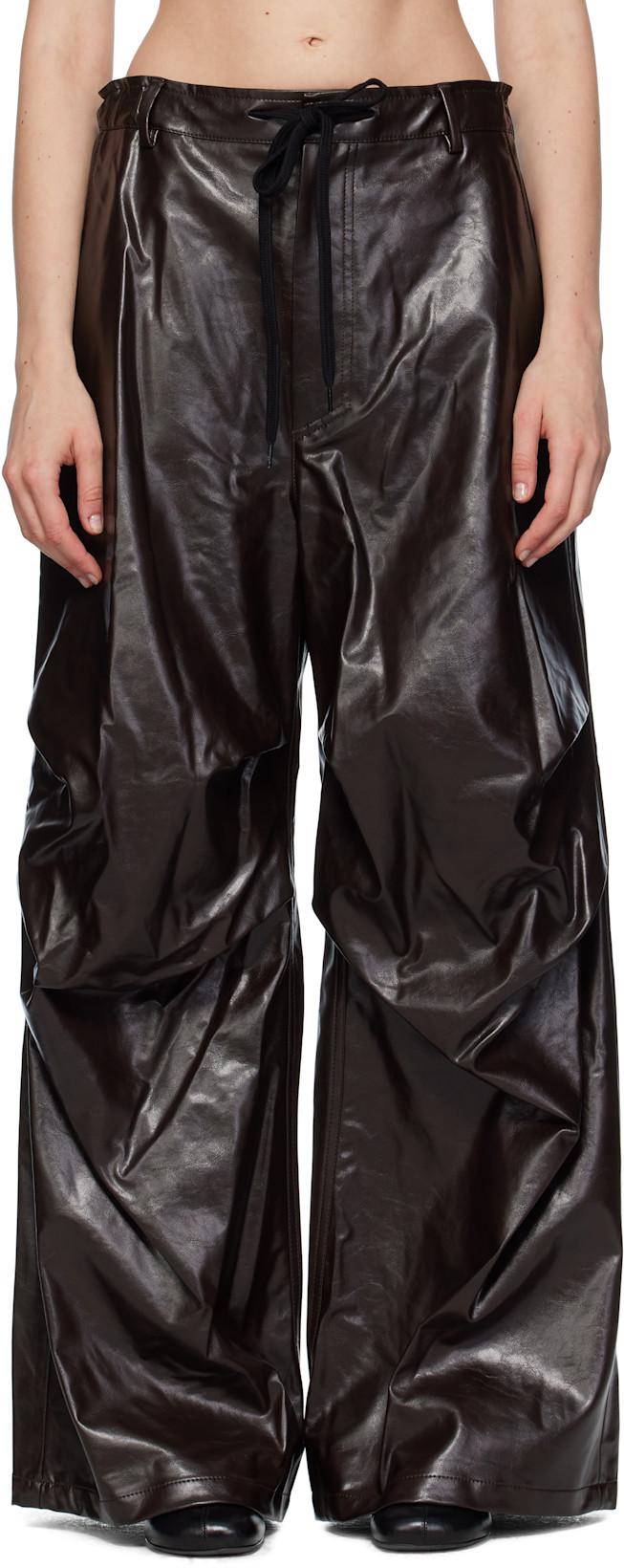 Burgundy Draped Faux-Leather Trousers by MM6 MAISON MARGIELA
