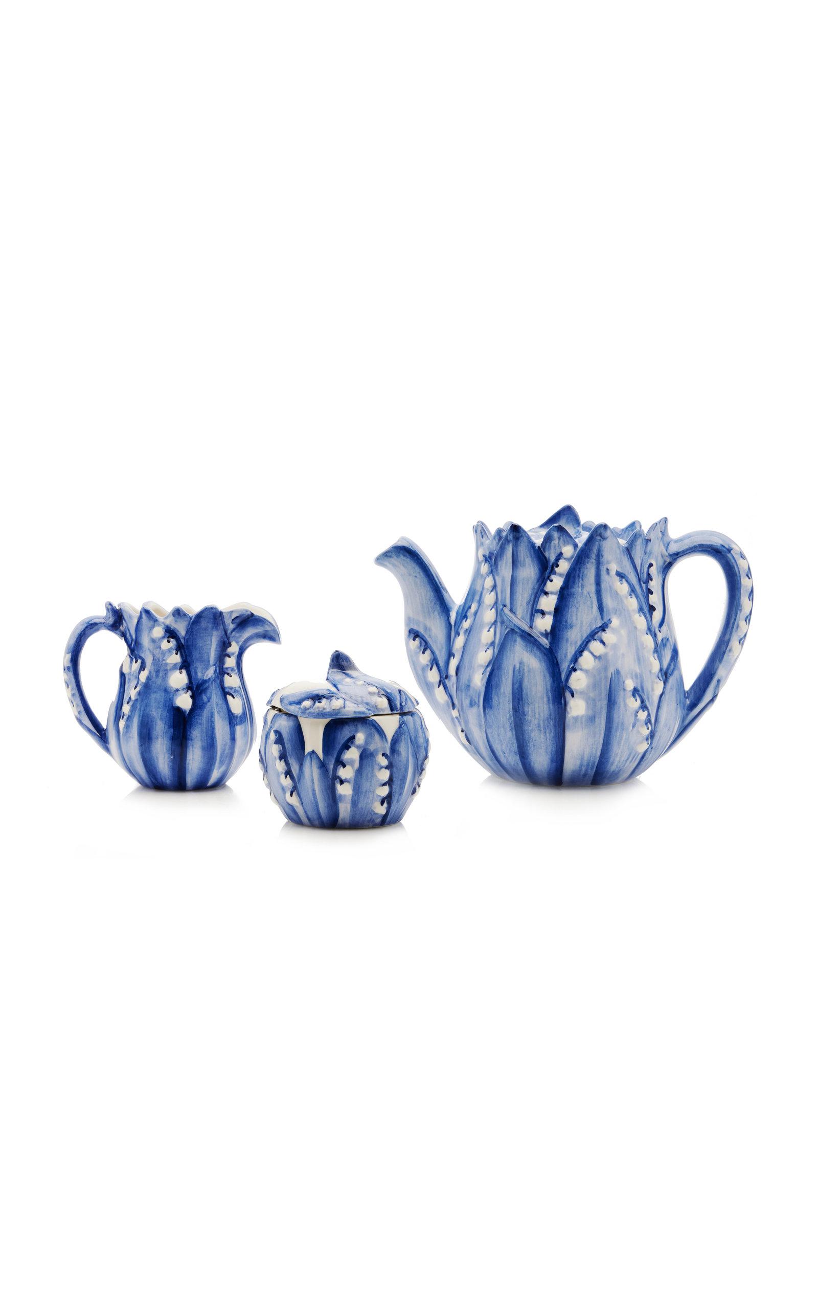 Moda Domus - Lily Of The Valley Ceramic Teapot; Cream; and Sugar Set - Blue - Moda Operandi by MODA DOMUS