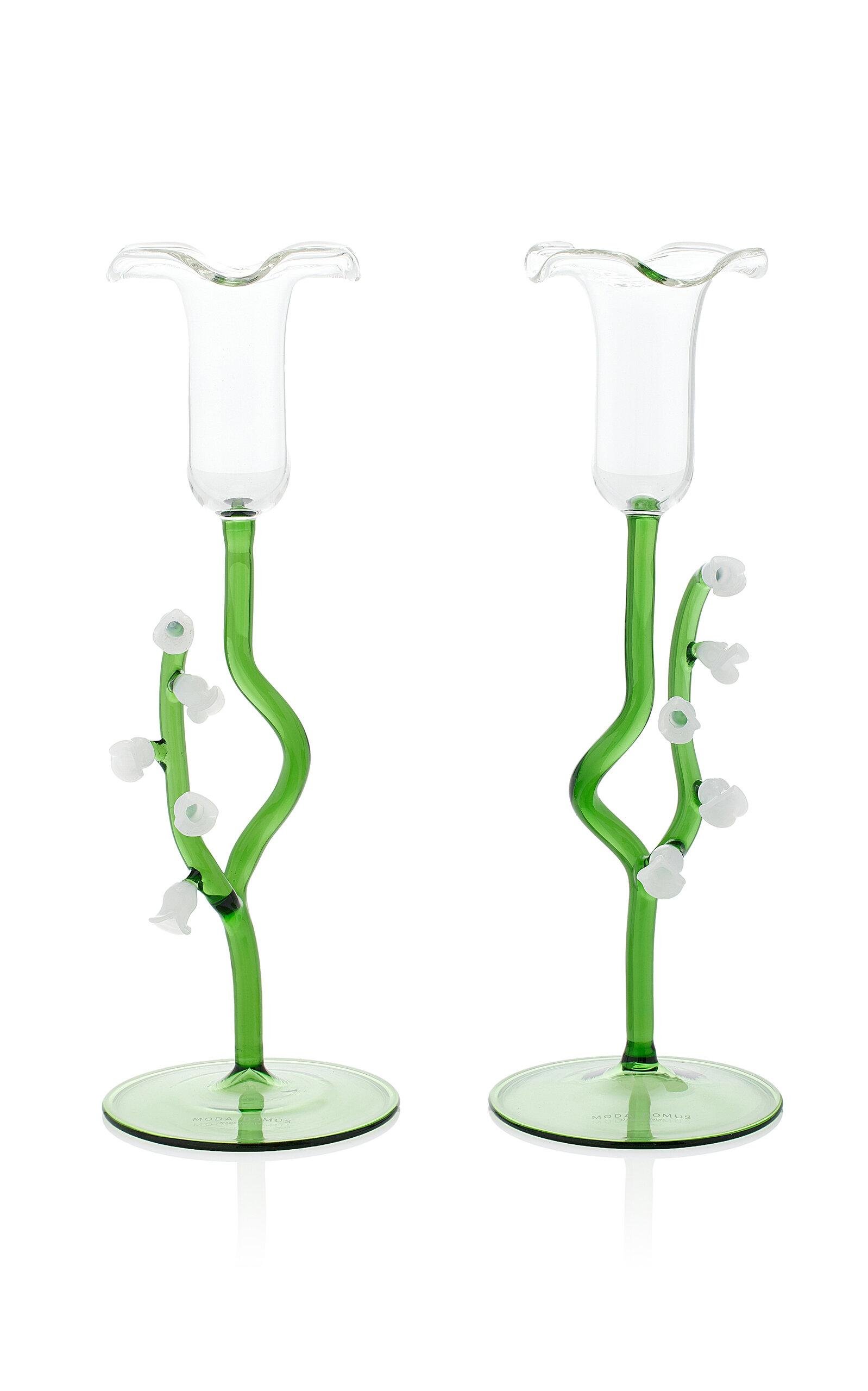 Moda Domus - Lily of the Valley Set-of-Two Glass Candlesticks - Green - Moda Operandi by MODA DOMUS
