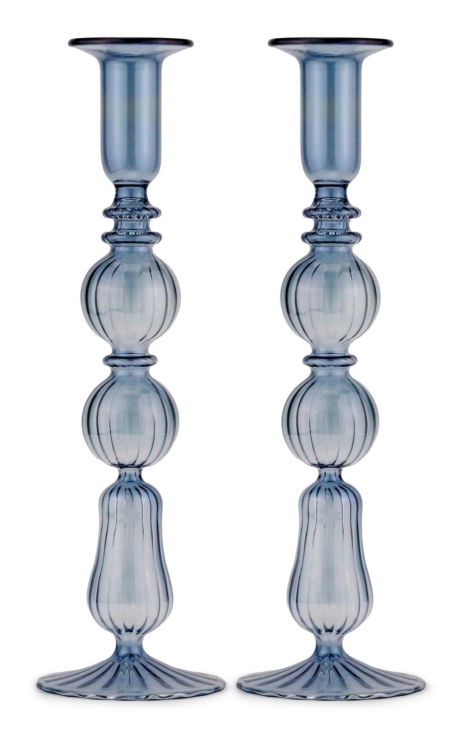 Moda Domus - Set-Of-Two Tall Glass Candle Sticks - Blue - Moda Operandi by MODA DOMUS