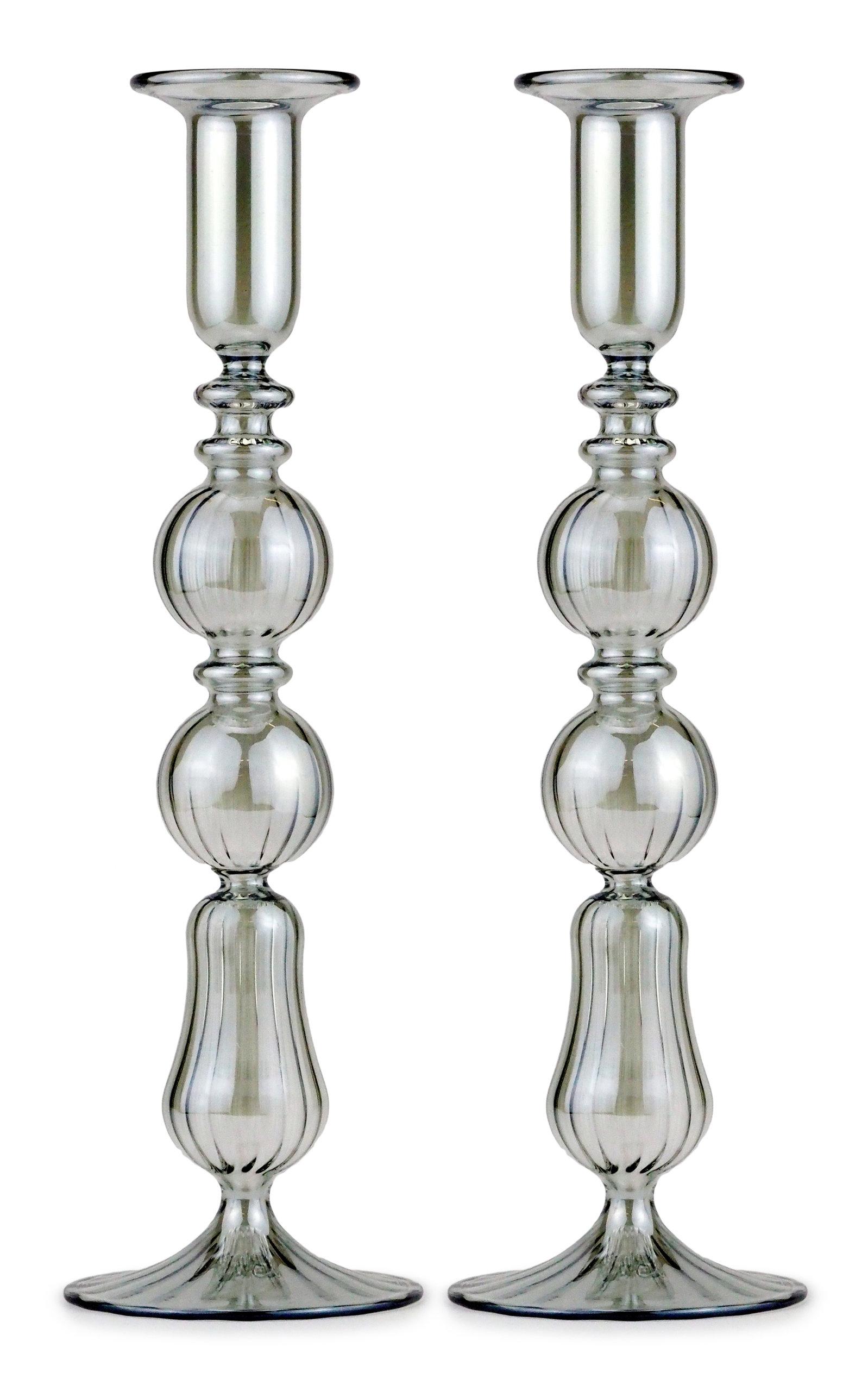 Moda Domus - Set-Of-Two Tall Glass Candle Sticks - Grey - Moda Operandi by MODA DOMUS