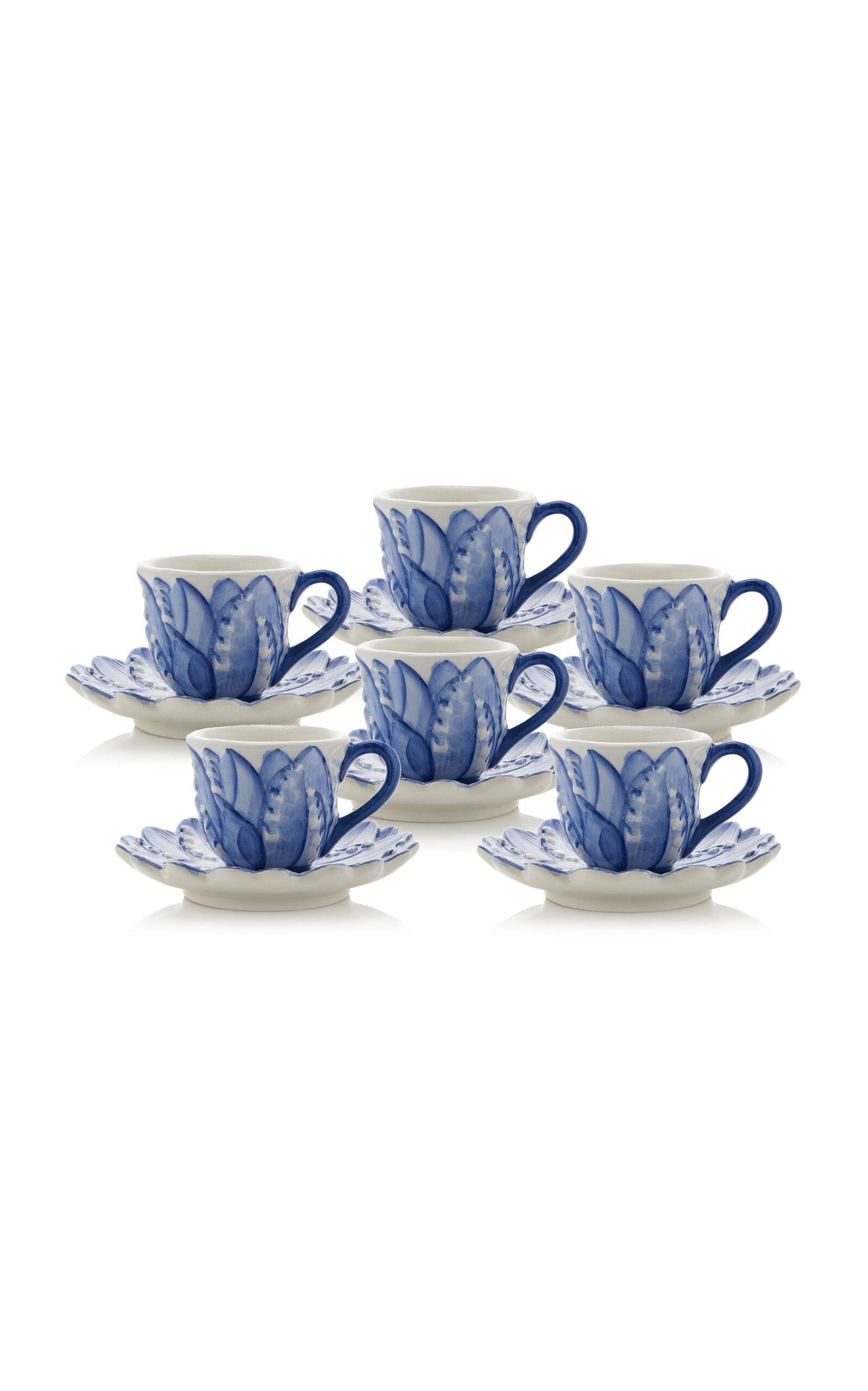 Moda Domus - Set-of-Six Hand-Painted Lily of The Valley Ceramic Espresso Cup and Saucer - Blue - Moda Operandi by MODA DOMUS