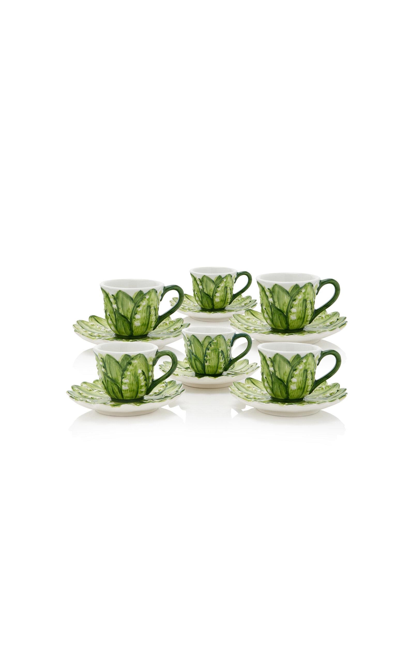 Moda Domus - Set-of-Six Hand-Painted Lily of The Valley Ceramic Espresso Cup and Saucer - Green - Moda Operandi by MODA DOMUS