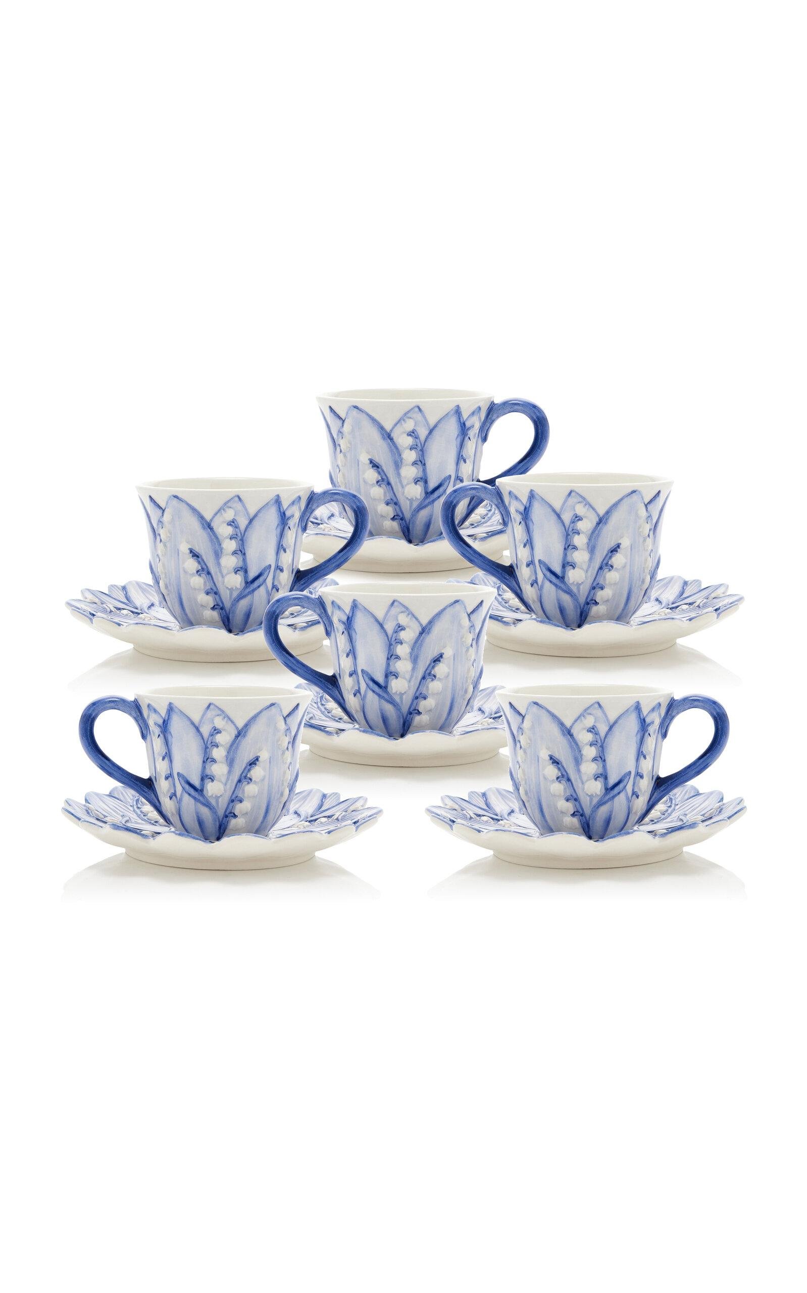 Moda Domus - Set-of-Six Lily of the Valley Ceramic Tea Cup and Saucers - Blue - Moda Operandi by MODA DOMUS