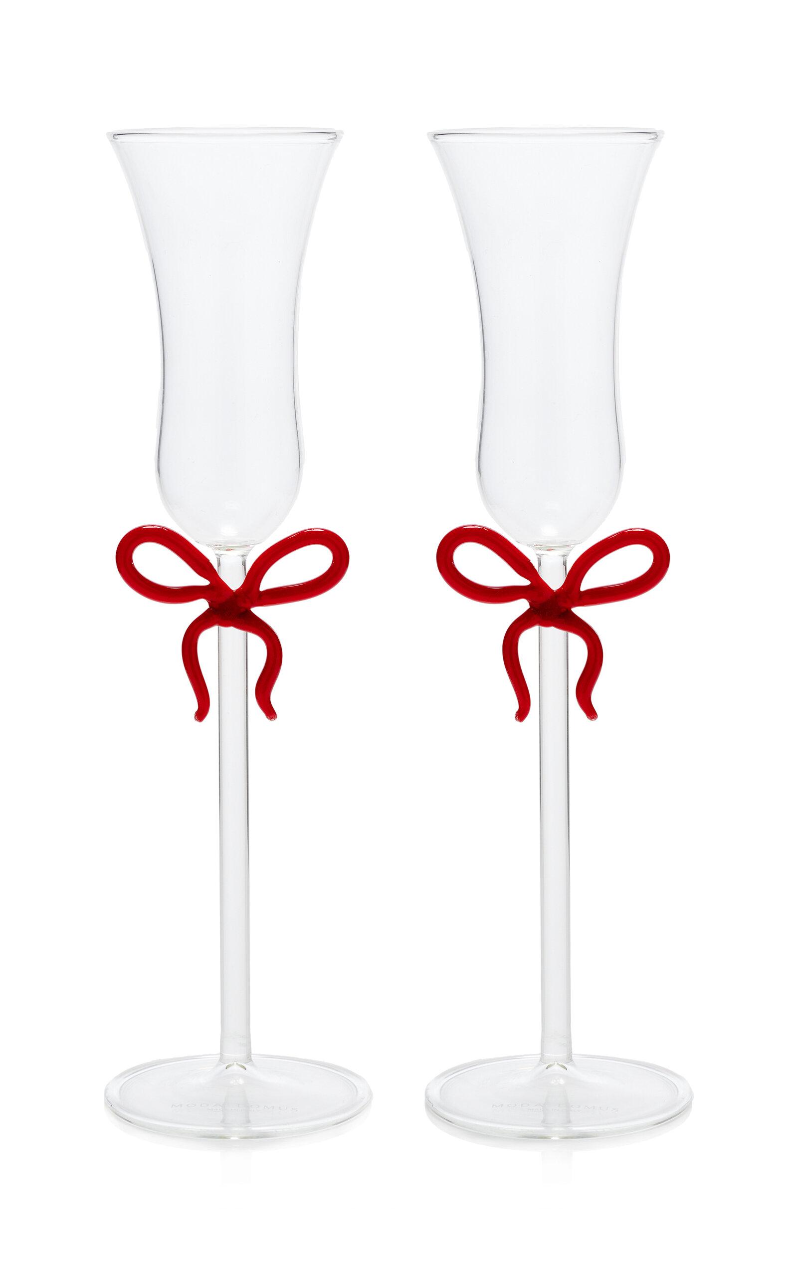 Moda Domus - Set-of-Two Bow-Detailed Glass Champagne Flutes - Red - Moda Operandi by MODA DOMUS
